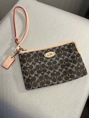 Coach Signature Coated Canvas L-Zip Wristlet Tan with Red Accents